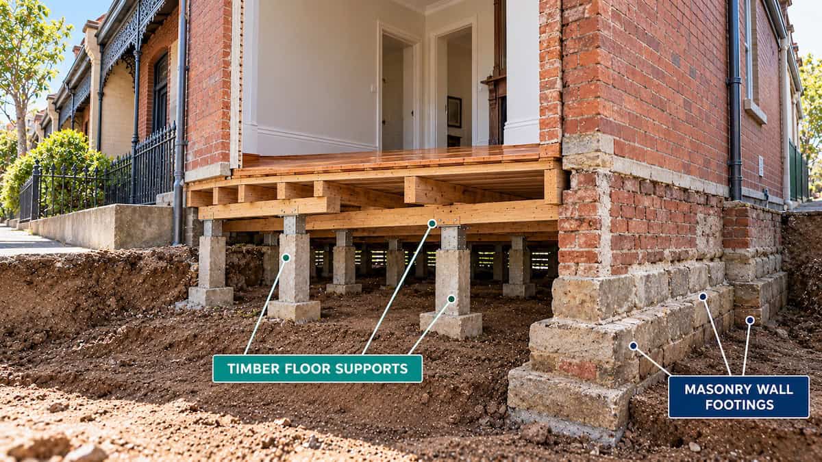 Carlton terrace cutaway showing separate timber floor stumps and masonry wall footings