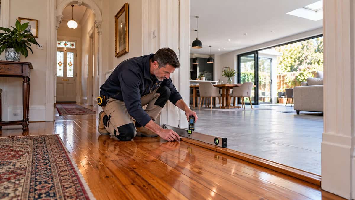 Building specialist measuring the floor transition between an original Caulfield house and a modern extension