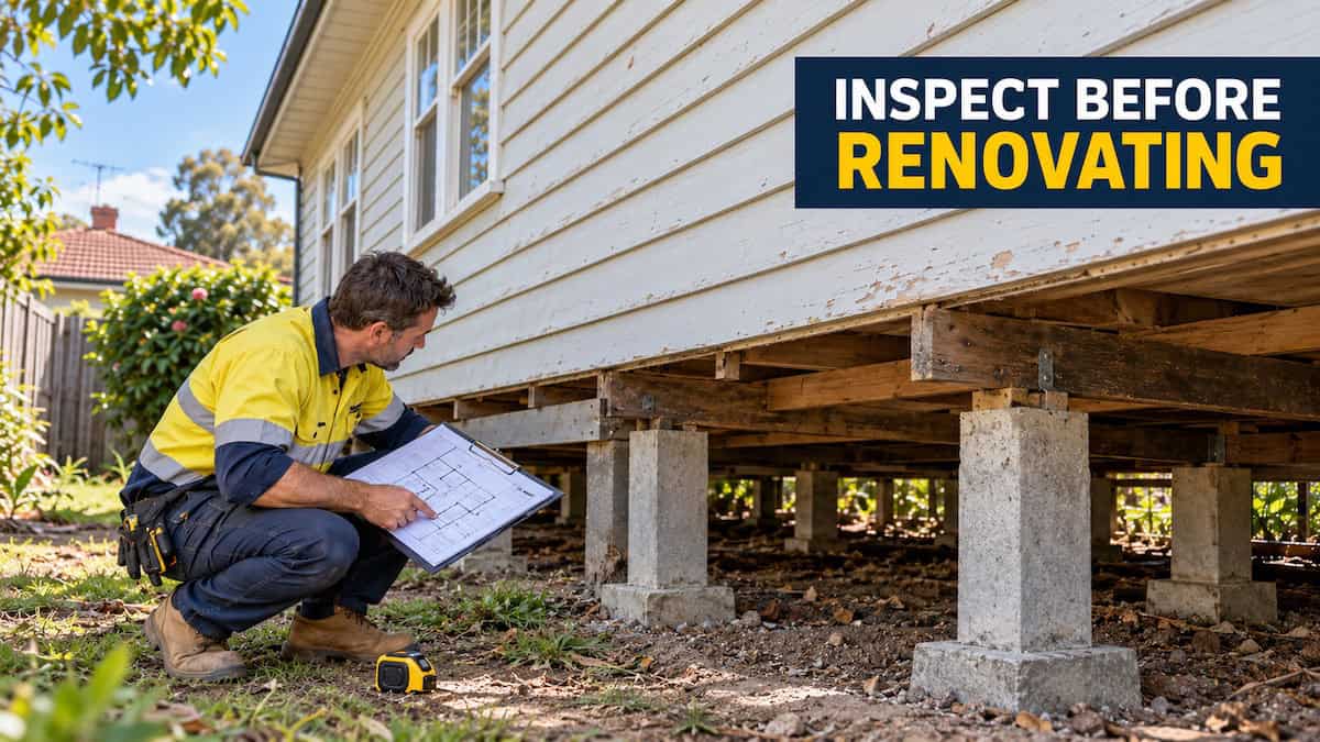Building specialist reviewing renovation plans while inspecting foundation supports beneath a Dandenong house