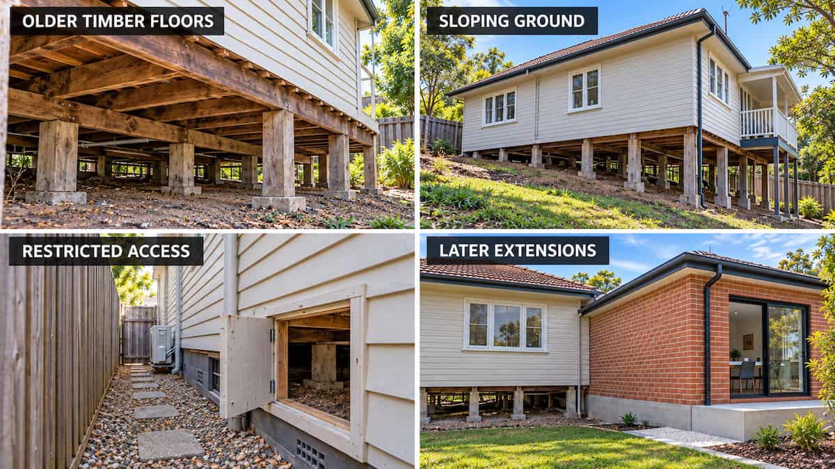 Four examples of residential foundation and subfloor access conditions across eastern Melbourne