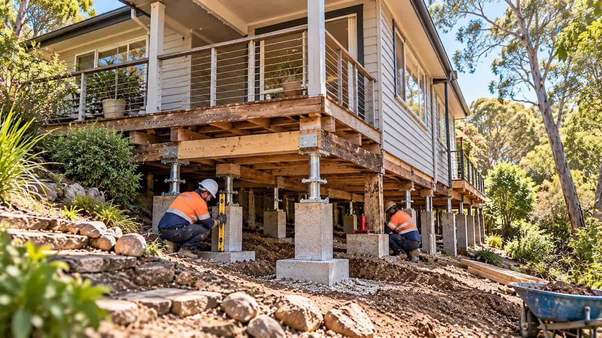 House restumping specialists replacing foundation supports beneath an elevated Eltham home on sloping ground