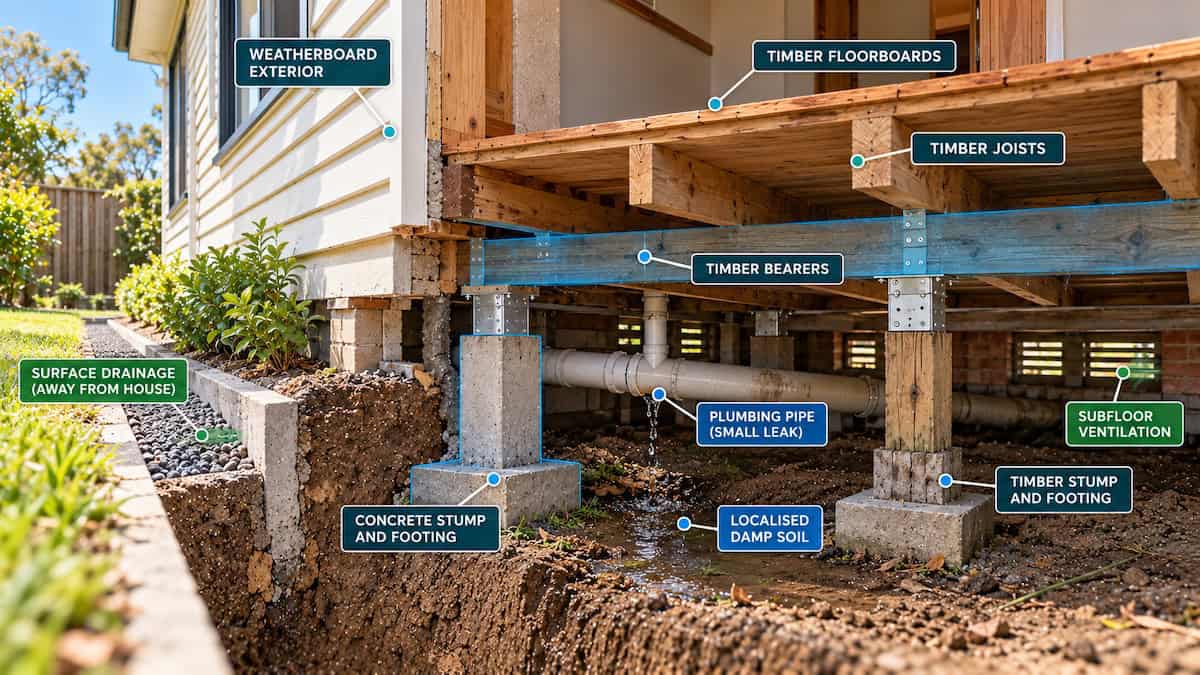 Cutaway of a Frankston house showing underfloor moisture drainage and timber floor supports