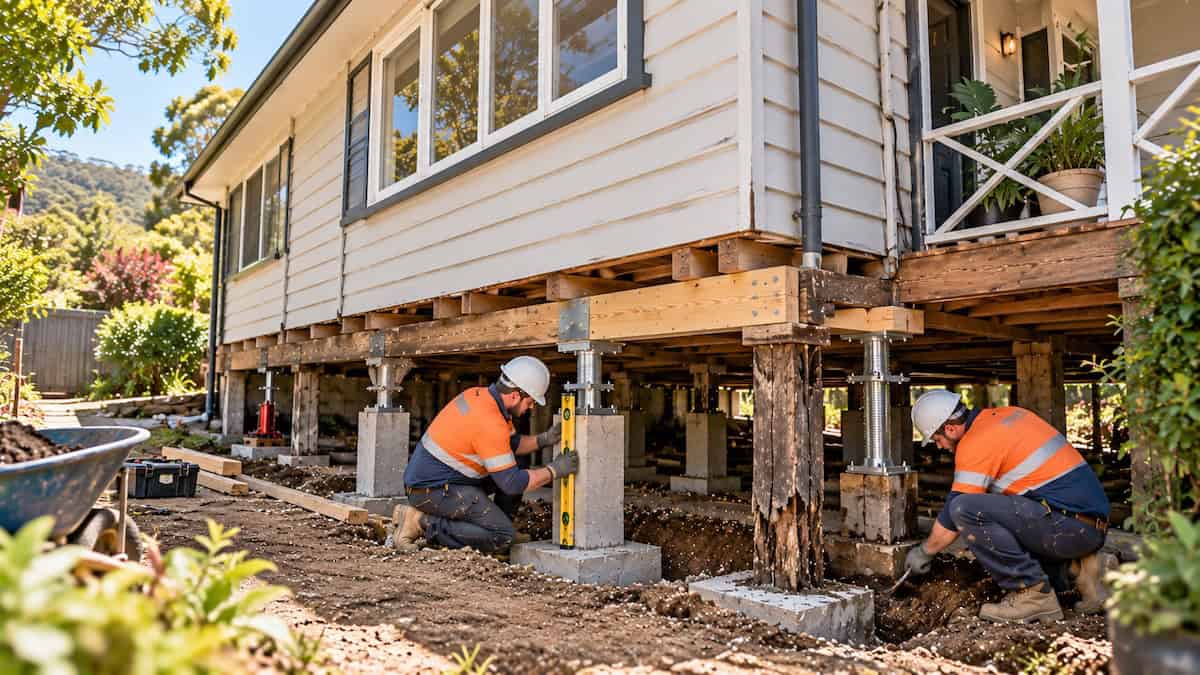 Restumping specialists replacing damaged timber stumps beneath a Lilydale weatherboard home