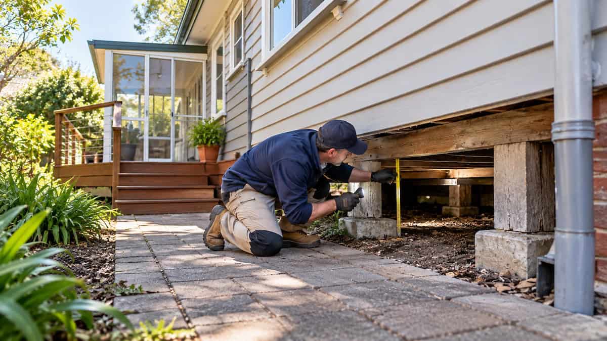 Foundation specialist assessing restricted subfloor access beside a deck and enclosed verandah at a Macleod home