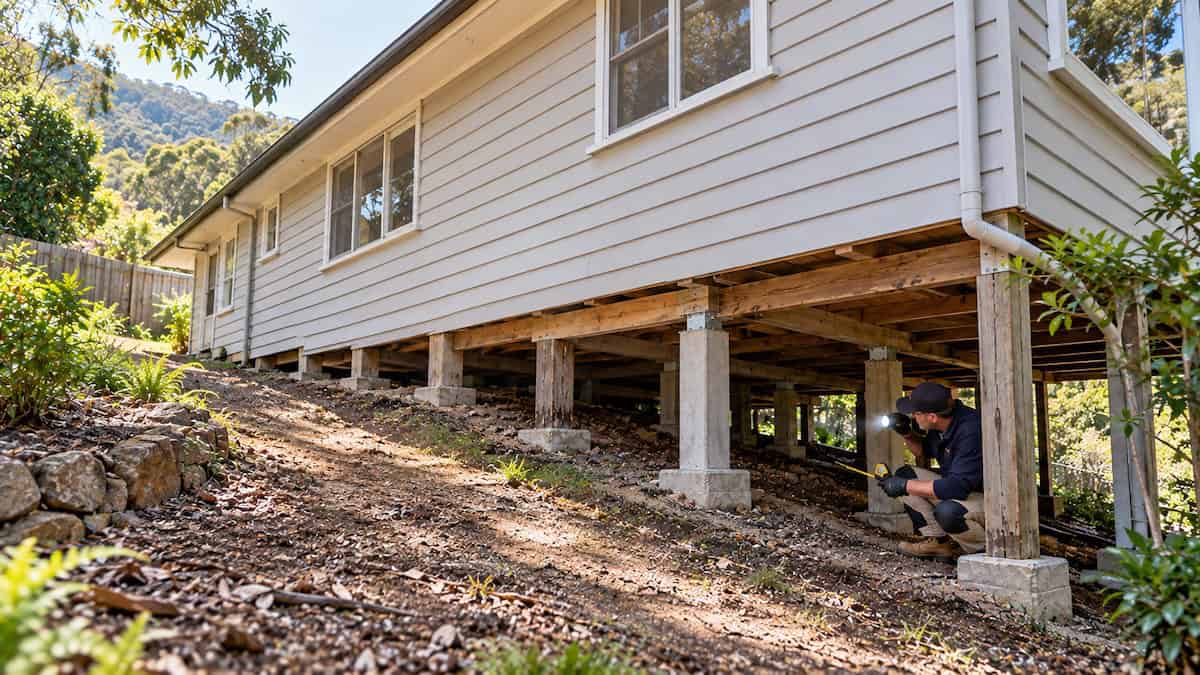 Foundation specialist inspecting different stump heights beneath a Montrose house on sloping ground