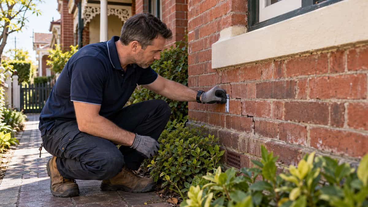 Building specialist inspecting masonry foundation movement at an established Edwardian house in Moonee Ponds