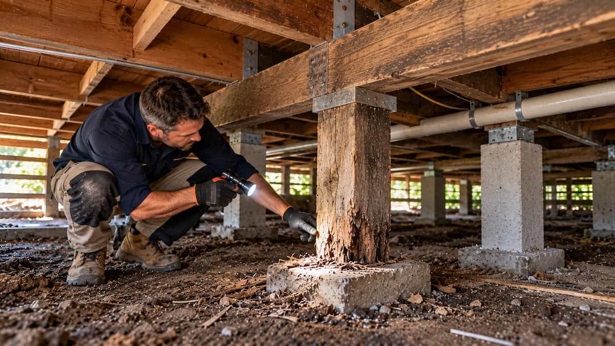 Foundation specialist inspecting a deteriorated stump beside retained supports beneath a Moorabbin home