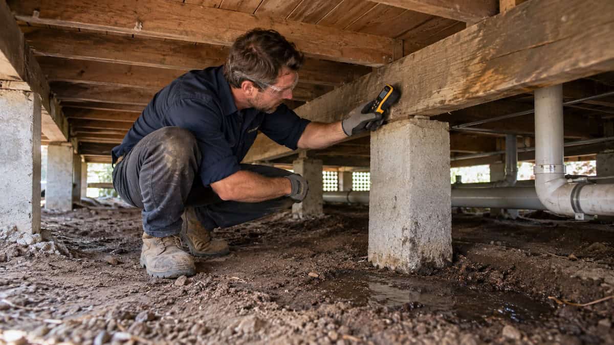 Building specialist checking timber supports and localised subfloor moisture beneath a Mordialloc house