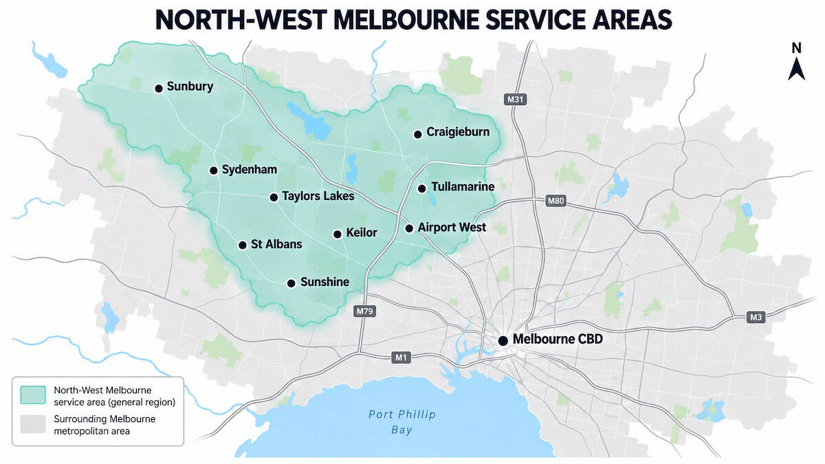 Map highlighting North-West Melbourne restumping service areas and surrounding suburbs