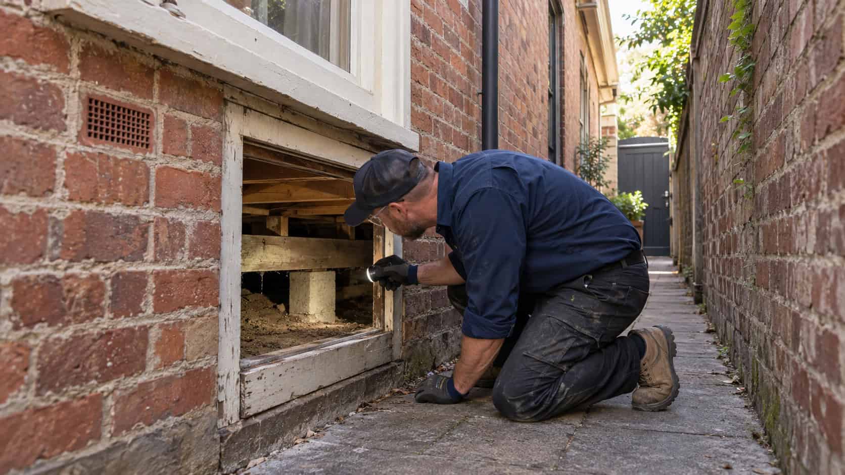Restumping specialist inspecting restricted subfloor access beside a Victorian terrace house in Richmond Melbourne