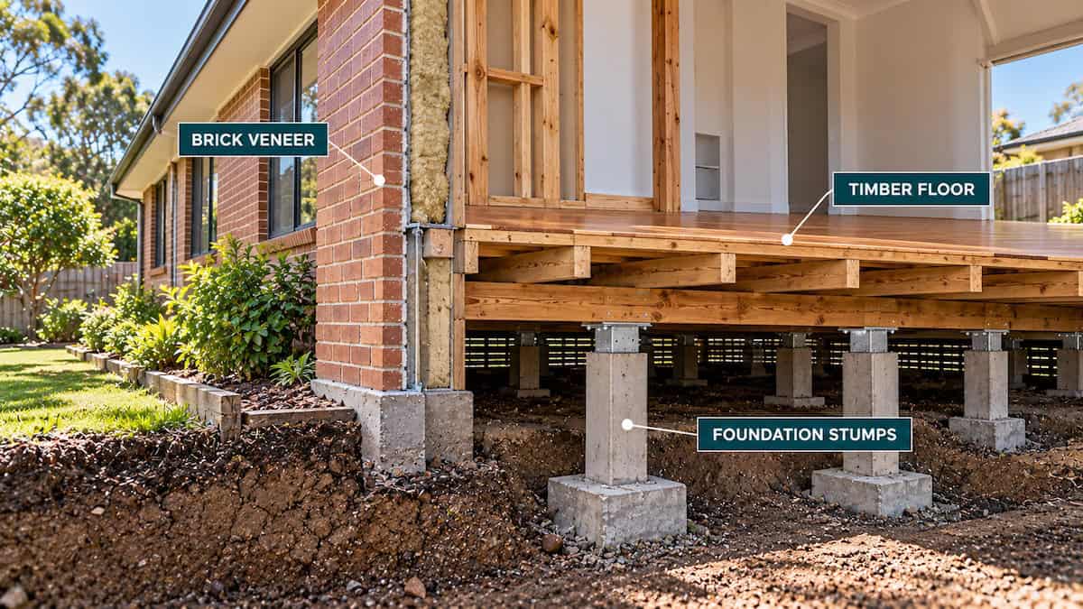 Cutaway of a Ringwood brick-veneer house showing a suspended timber floor supported by concrete stumps
