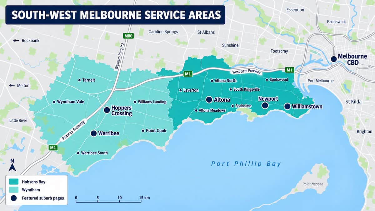 South-West Melbourne map highlighting Hobsons Bay Wyndham and key restumping service locations