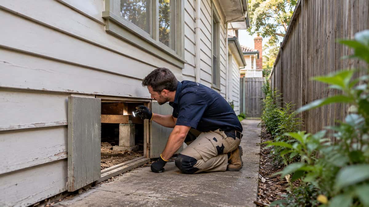 Restumping specialist assessing narrow side access and subfloor entry beside a Thornbury weatherboard house